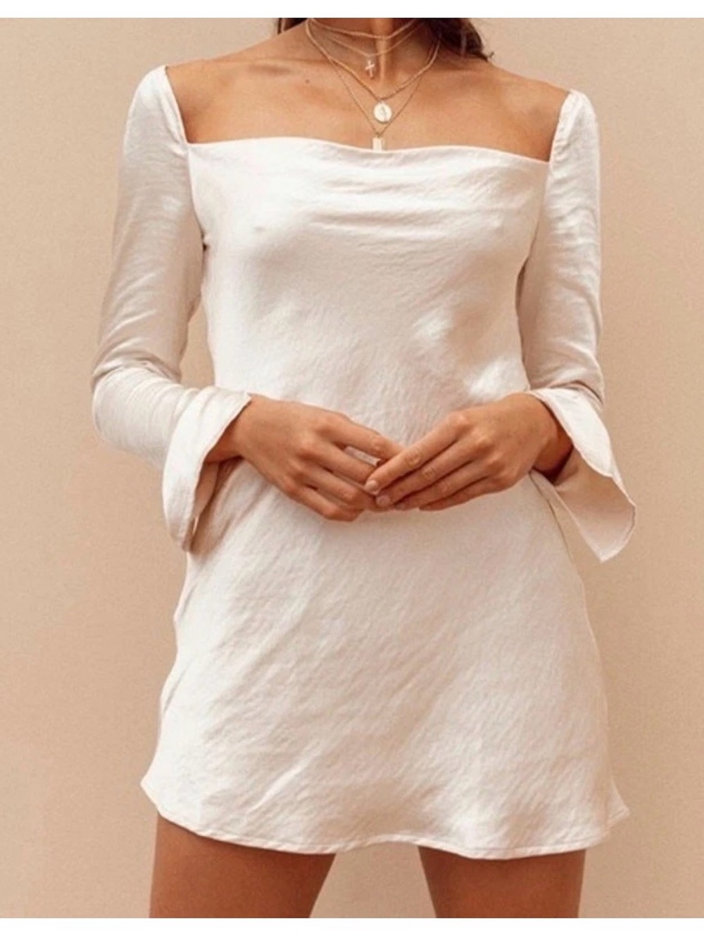 Princess Polly Satin Long Sleeve Mini Dress in Cream